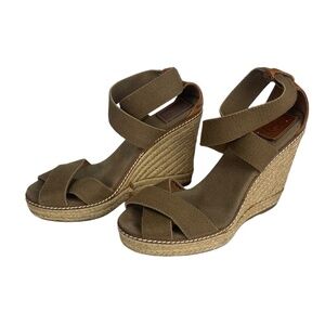 Tory Burch Adonis high wedge  espadrille sandals in olive/ tan leather‎ size 9